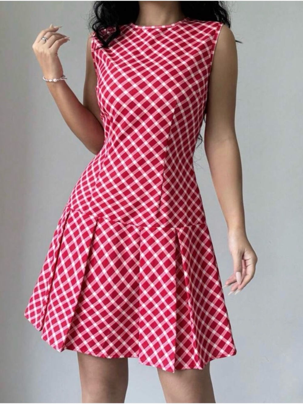 SHEIN Red & White Sleeveless Plaid Fit-and-Flare Mini Dress